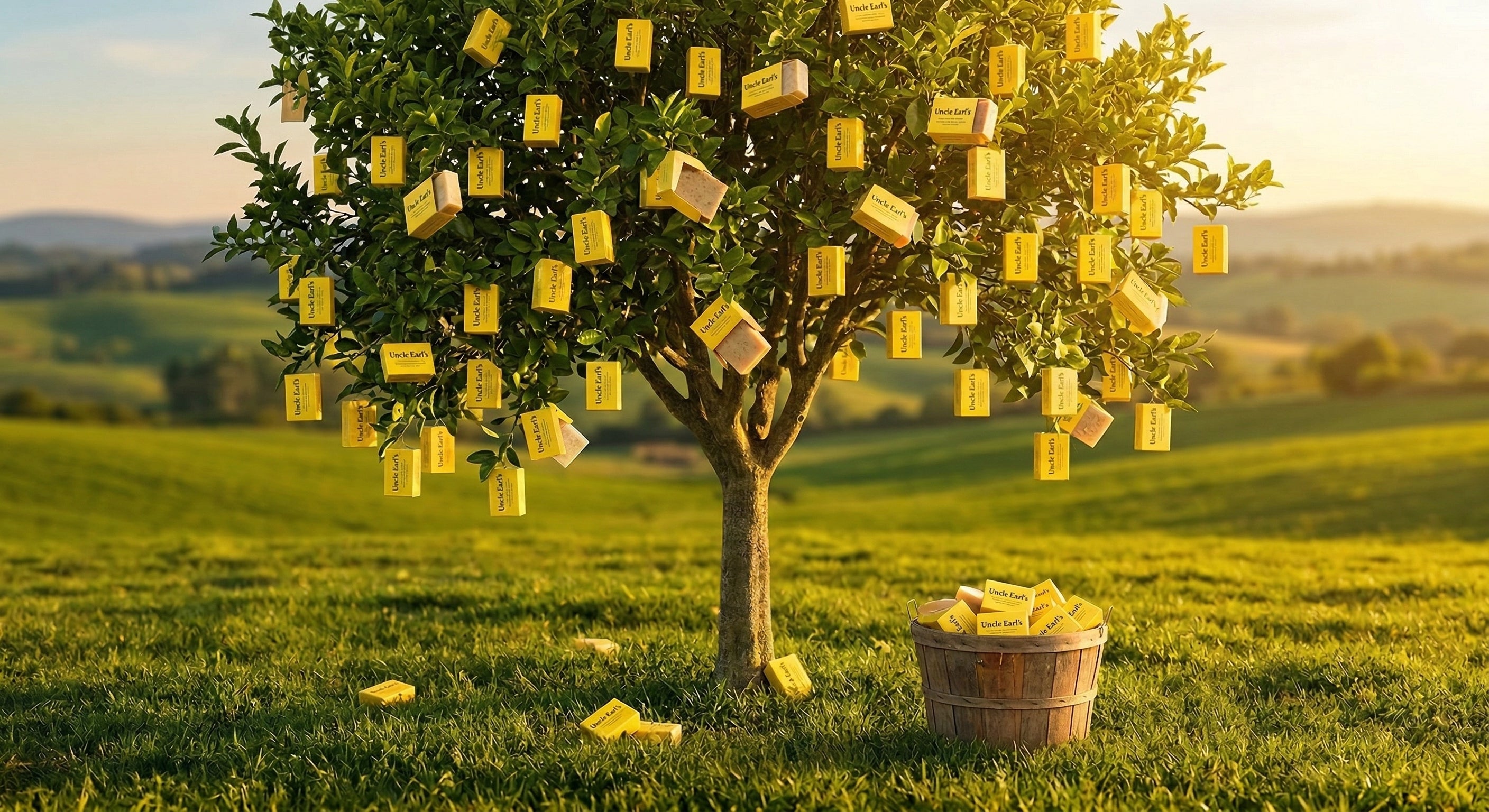 Lemon soap tree with Uncle Earl's boxes hanging from branches
